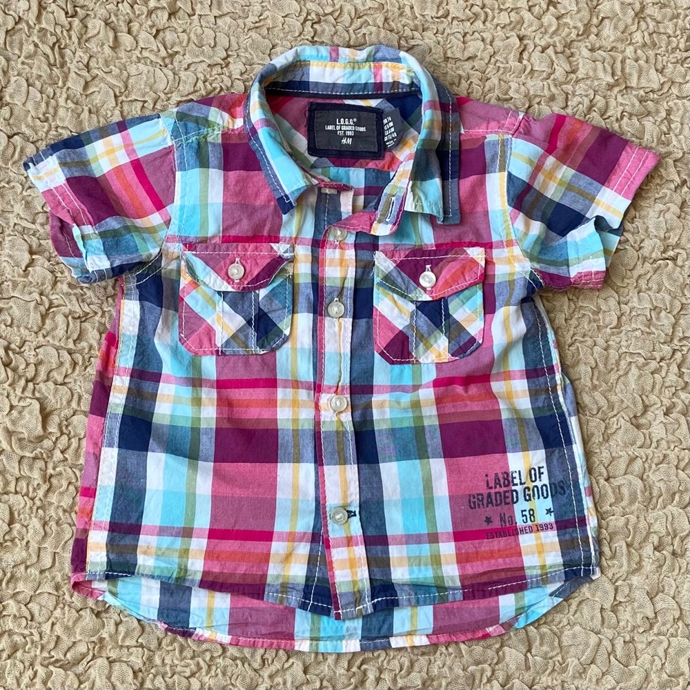 H&M Size 6-9M Baby Boy Pink Plaid Button Up Shirt